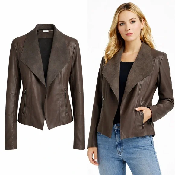 Bar III | Taupe Faux Leather Draped Moto Jacket | Zipper | Size L - Picture 1 of 7